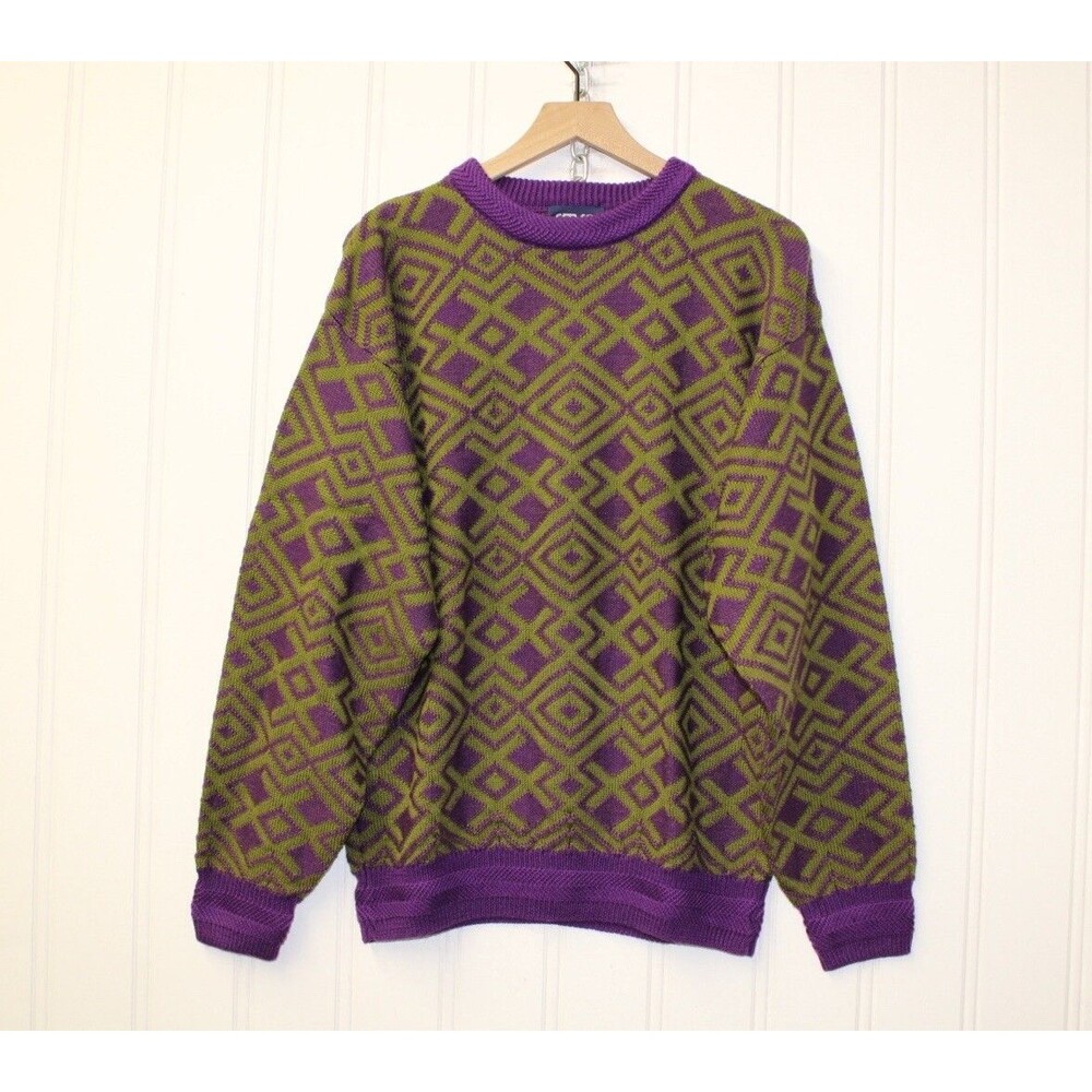 Vintage Geometric‎ Wool Blend Sweater Purple Olive 90s Abstract Knit Y2K Size M